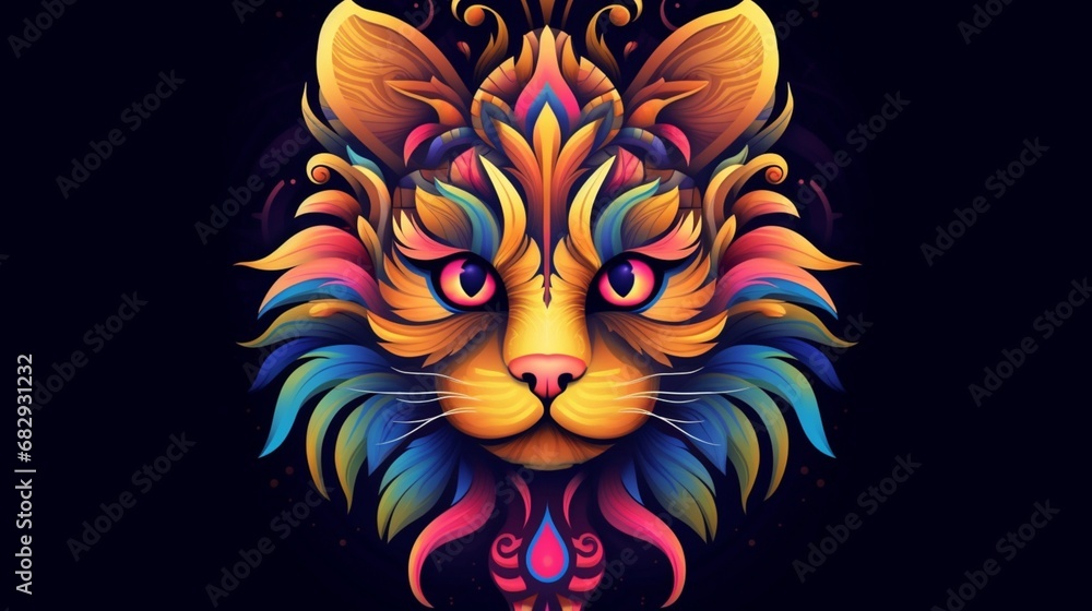 Colorful abstract cat head. In style of flat illustration.Generative AI