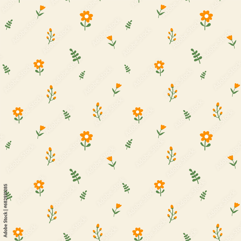 Flowers seamless pattern background. Orange flowers on light background. Simple flat modern drawing. Floral texture for textile and fashion design. Spring botanical print.