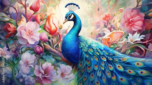 A regal peacock spreading its iridescent feathers in a lush garden.