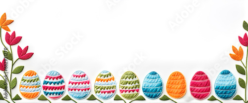 Easter embroidery pattern on white fabric with copy space. photo