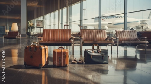 a sophisticated travel scene with a set of modern luggage arranged neatly in a sleek airport lounge