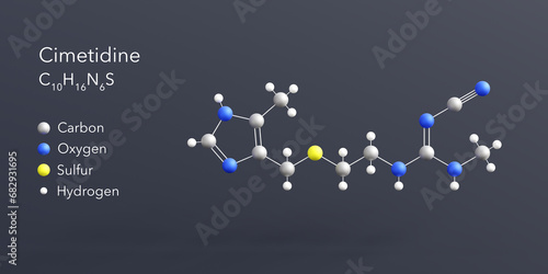 cimetidine molecule 3d rendering, flat molecular structure with chemical formula and atoms color coding photo