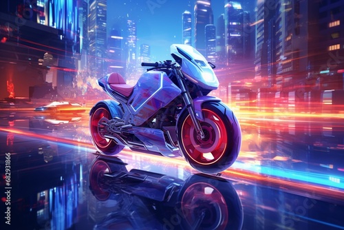a futuristic bike speeding through a rain-soaked urban environment, with neon lights reflecting on the wet pavement