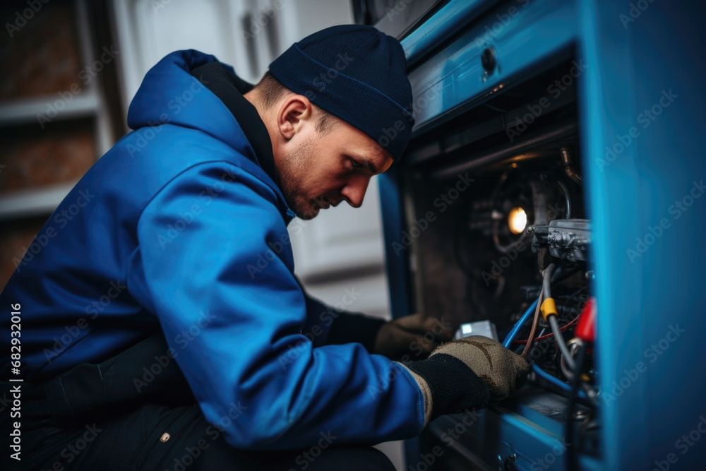 Repair work. Electrician service man repairing the kitchen stove or oven Repair work. Electrician service man repairing the kitchen stove or oven