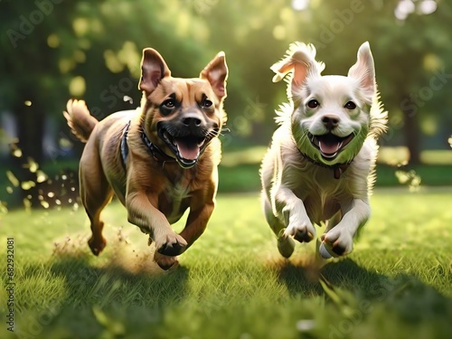 T wo dogs playing in the park | Dogs playing outdoor running on green grass | Dogs Playfully Racing on Green Fields