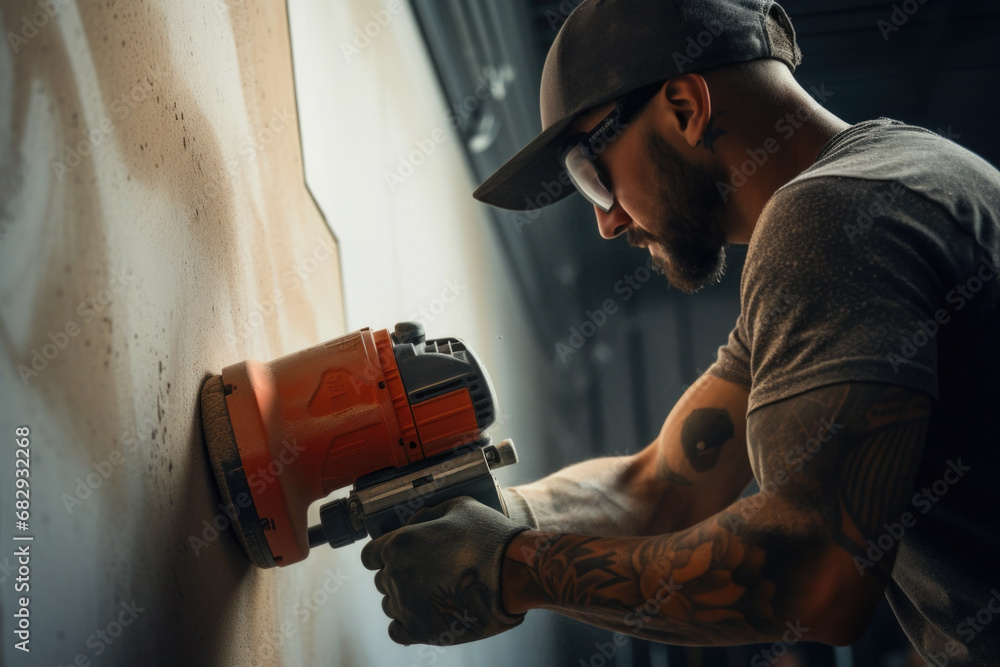 Construction worker sanding, smoothing and finishing wall with machine for heavy sanding 