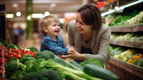 Joyful mother and her laughing child in a supermarket produce section, with colorful vegetables like tomatoes and broccoli in the foreground.