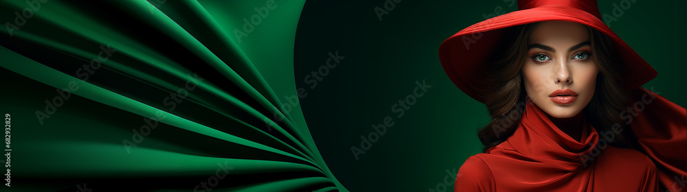 Fashionable woman close-up portrait in combination of red and green vibrant color. Cover magazine, wallpaper and poster design. Place for text Fashionable woman close-up portrait in combination of red and green vibrant color. Cover magazine, wallpaper and poster design. Place for text
