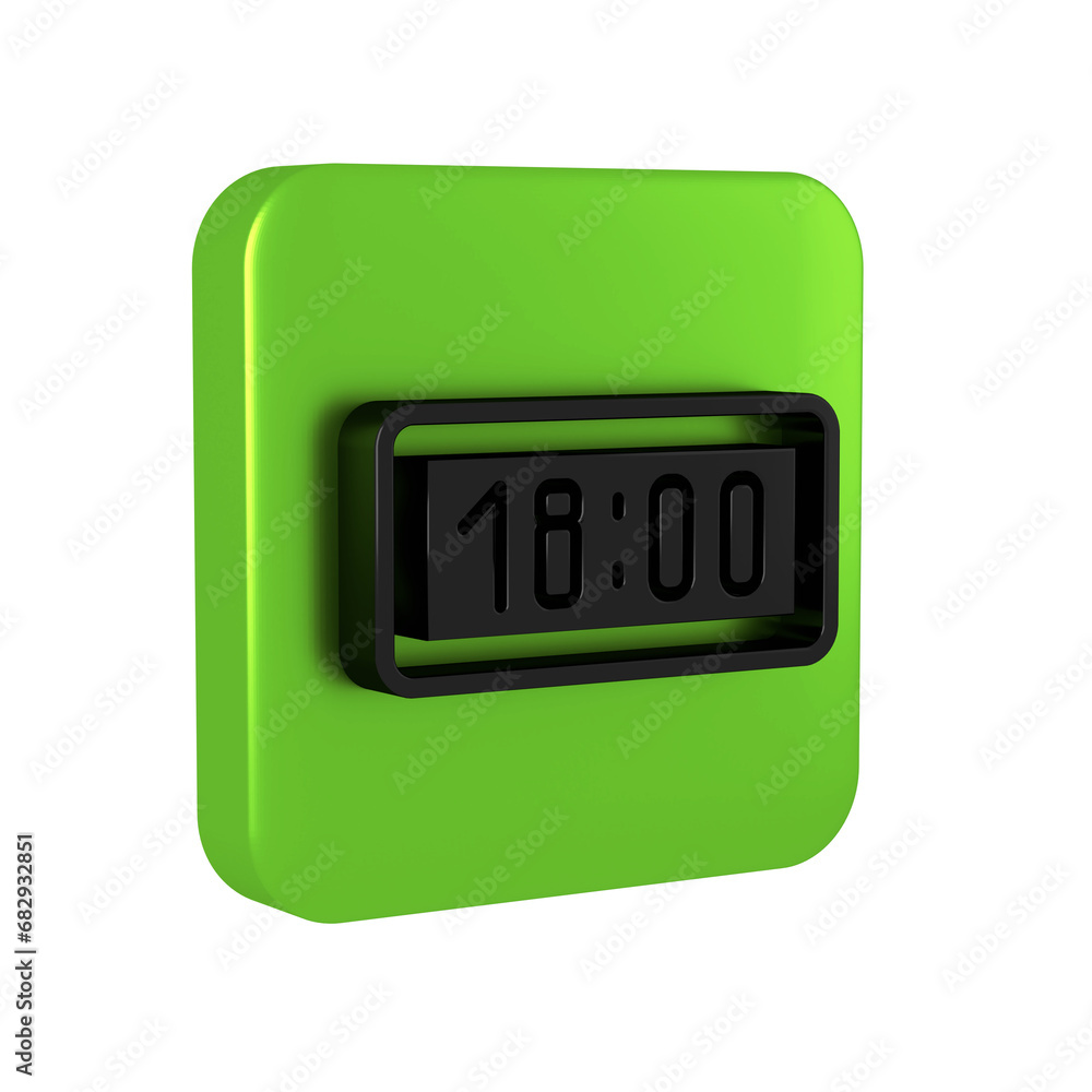 Black Digital alarm clock icon isolated on transparent background. Electronic watch alarm clock. Time icon. Green square button. Black Digital alarm clock icon isolated on transparent background. Electronic watch alarm clock. Time icon. Green square button.