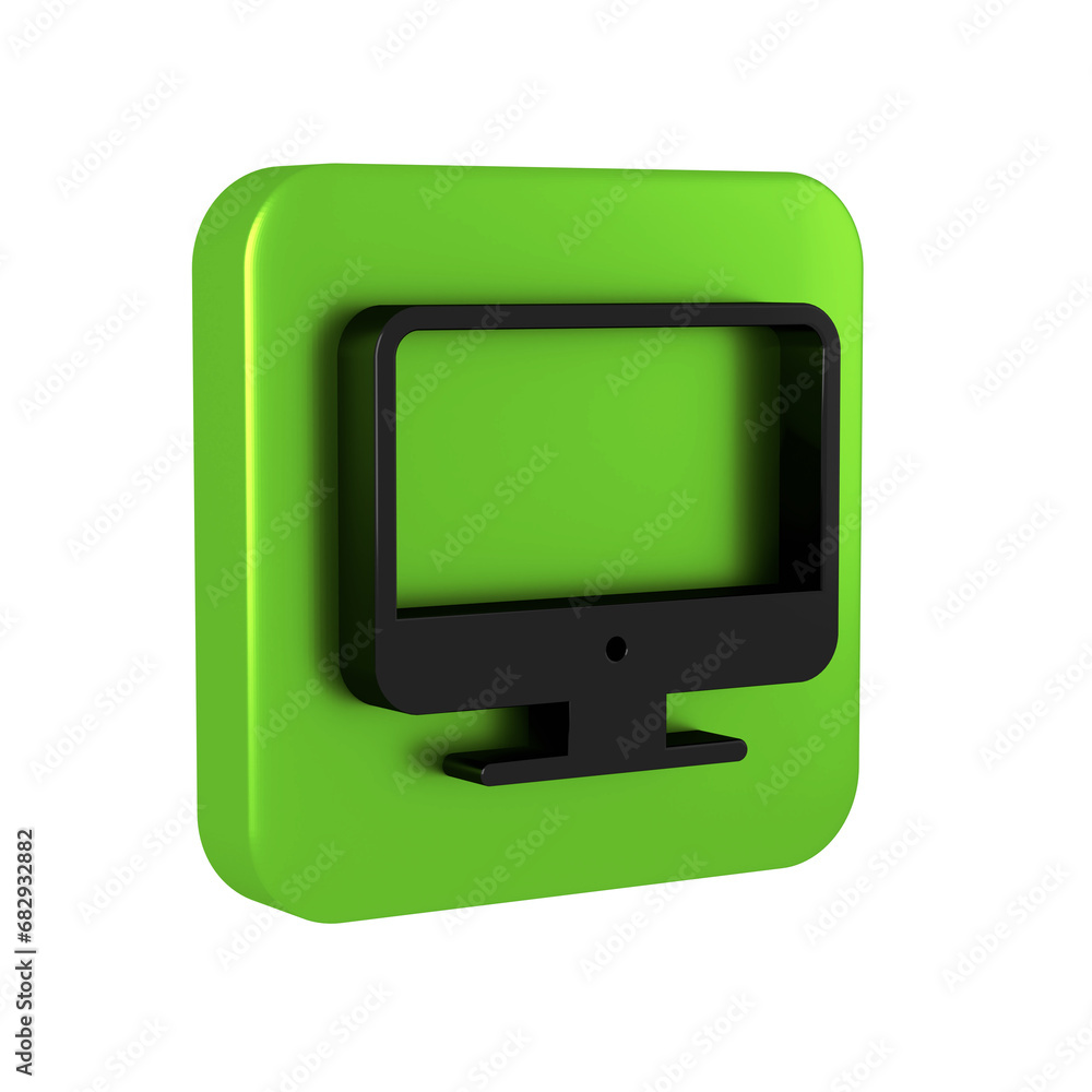 Black Computer monitor screen icon isolated on transparent background. Electronic device. Front view. Green square button. Black Computer monitor screen icon isolated on transparent background. Electronic device. Front view. Green square button.