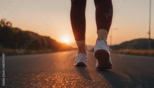 Feet of woman walking and exercise on the road during sunset