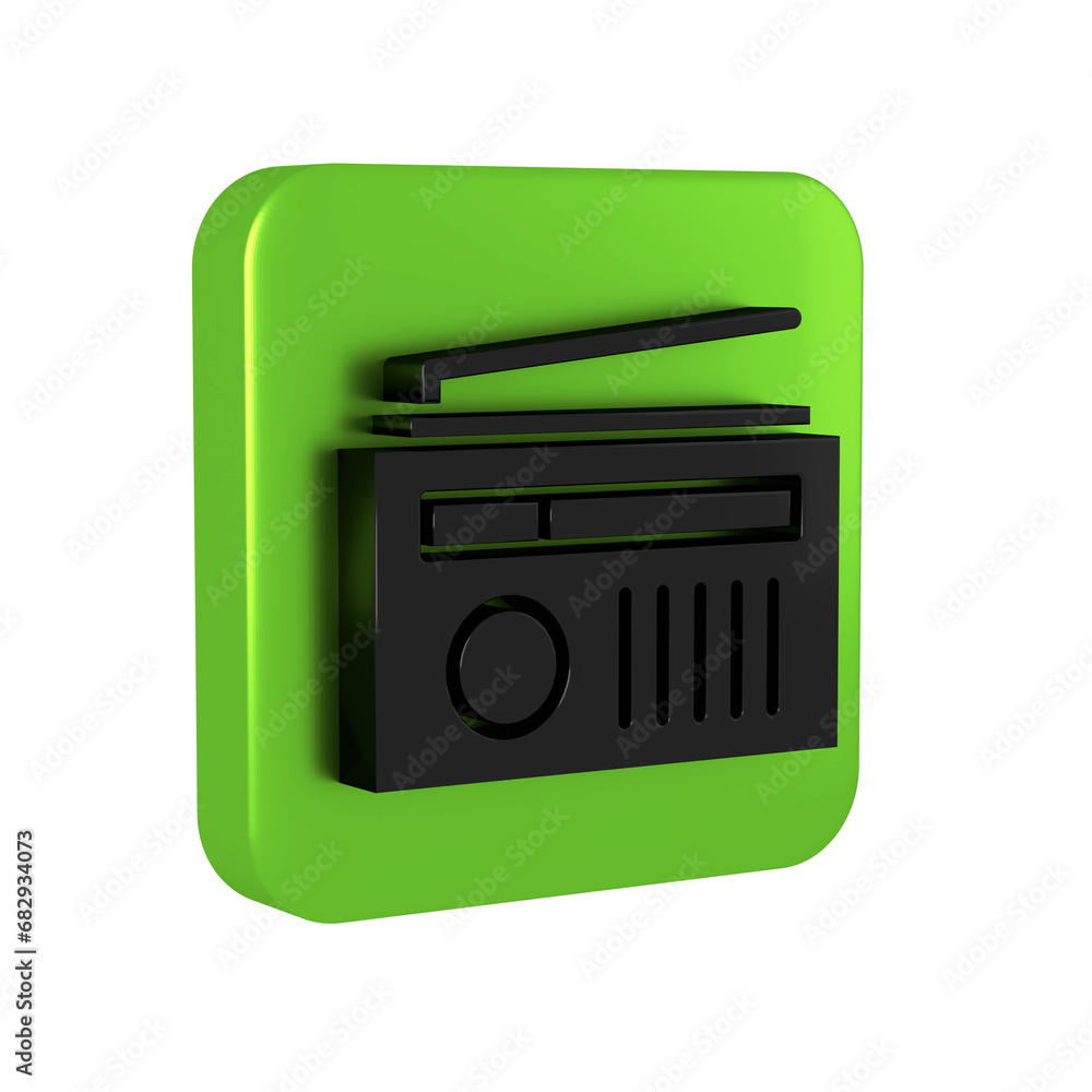 Black Radio with antenna icon isolated on transparent background. Green square button. Black Radio with antenna icon isolated on transparent background. Green square button.