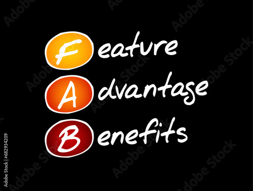 FAB Feature Advantage Benefits - product's traits, while advantage describes what the product or service does, acronym text concept background