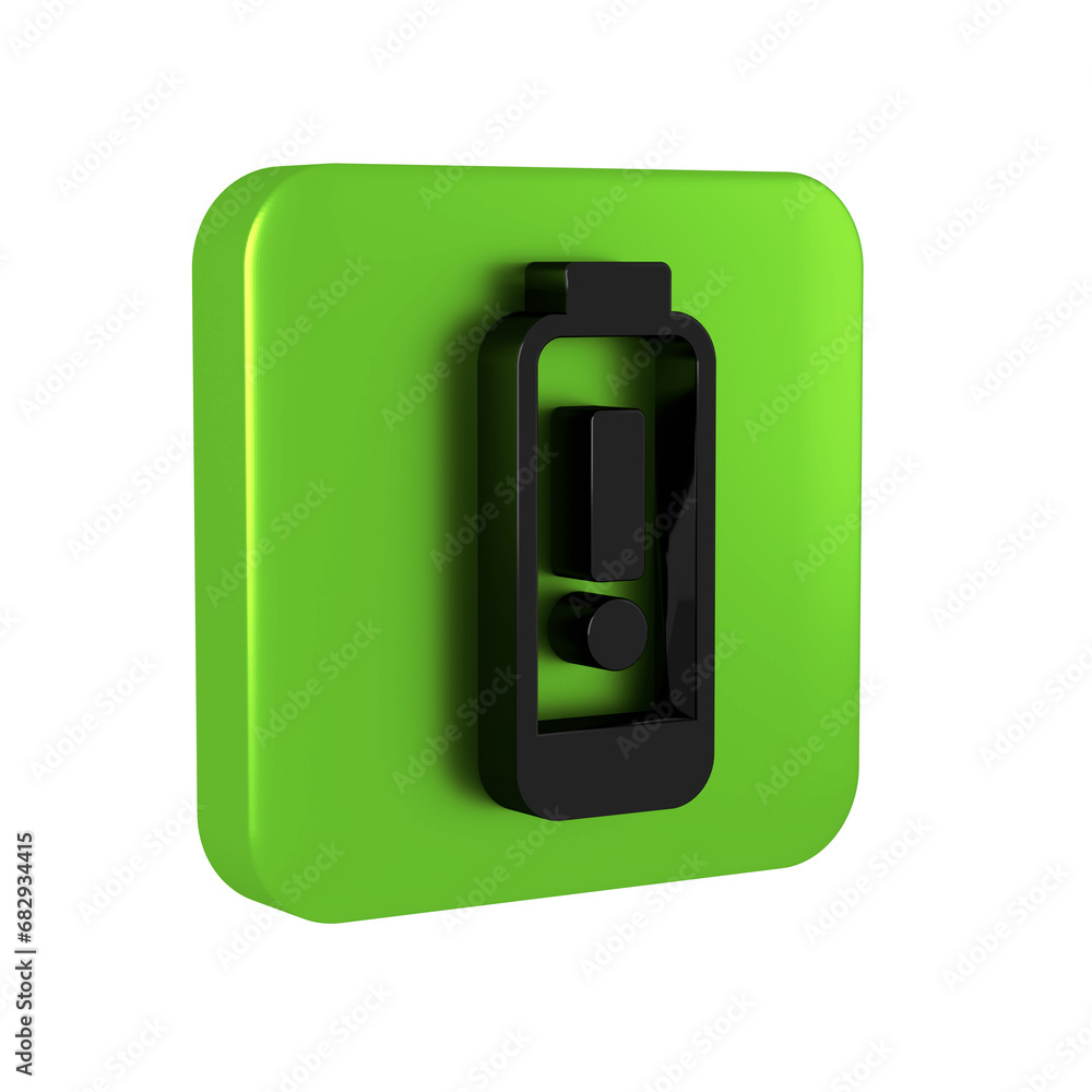 Black Battery charge level indicator icon isolated on transparent background. Green square button. Black Battery charge level indicator icon isolated on transparent background. Green square button.