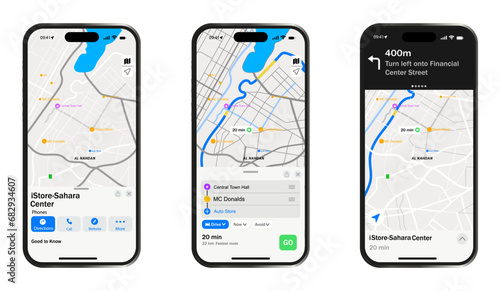 Obraz na płótnie GPS navigation map with destination and route to it by pressing the screen of a modern smartphone, smartphone map application map navigation search app, isolated on map background, vector eps10 w salonie