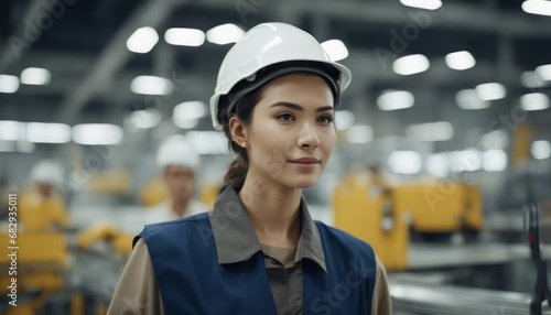 Female Factory worker wearing a safety helmet in the background of a production line