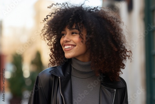 Bashful Beauty: Stylish Curly Black Woman Poses Outdoors with a Charming Smile © AIGen