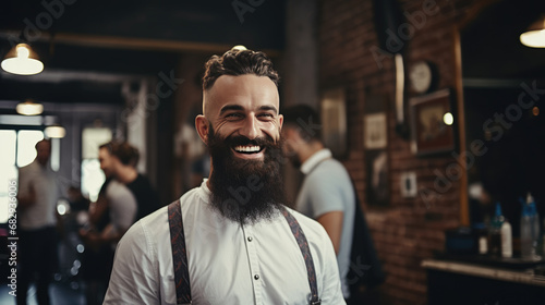 Cheerful tattooed male barber with a beard and a fashionable hairstyle photo