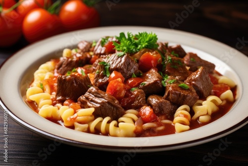 Classic American Chop Suey Dish with Elbow Pasta, Beef and Tomatoes - Close-up Top View