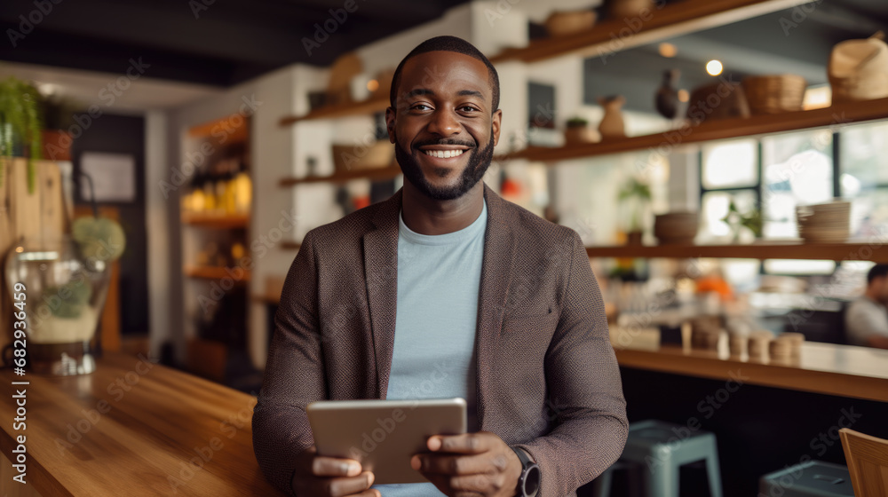 Cheerful male barista in a coffee shop, holding a digital tablet and smiling, representing friendly and efficient customer service.