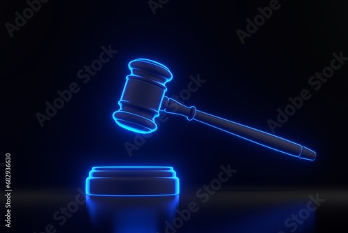 Judge gavelwith bright glowing futuristic blue neon lights on black background. Bidding at auctions. Liability for corruption. Protection of rights. Law and fine. Tax avoidance. 3D render illustration photo