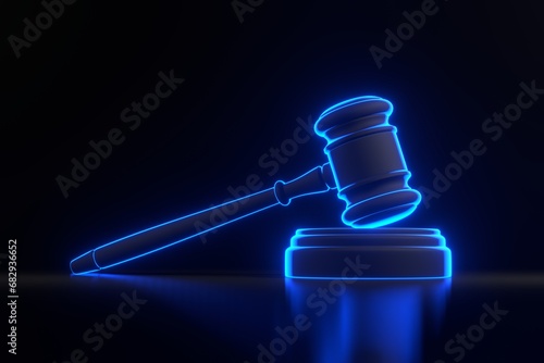 Judge gavelwith bright glowing futuristic blue neon lights on black background. Bidding at auctions. Liability for corruption. Protection of rights. Law and fine. Tax avoidance. 3D render illustration