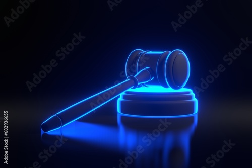 Tela Judge gavelwith bright glowing futuristic blue neon lights on black background