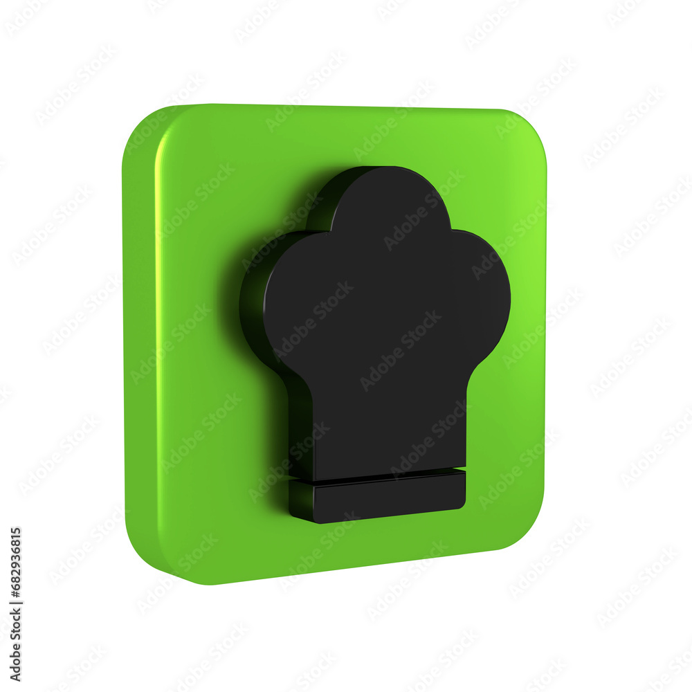 Black Chef hat icon isolated on transparent background. Cooking symbol. Cooks hat. Green square button. Black Chef hat icon isolated on transparent background. Cooking symbol. Cooks hat. Green square button.