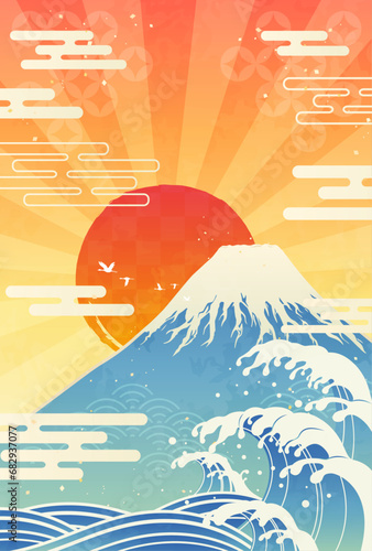 波と富士山と初日の出のイラスト_縦6