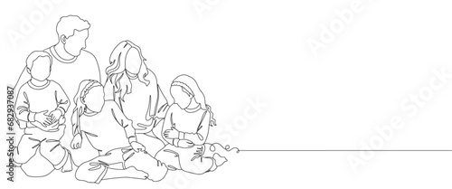 Family on christmas holidays line art vector drawing, vector illustration design. Family Christmas celebration illustration.