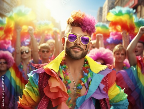 LGBTQI+ Celebration: A Colourfully Dressed Gay Man with Rainbow Coloured Hair and Stylish Sunglasses. A man with rainbow hair and sunglasses in front of a group of people celebrating gay pride.  photo