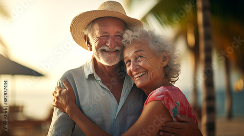 An elderly beautiful couple hugged happy and smiling at a tropical seaside.  photo