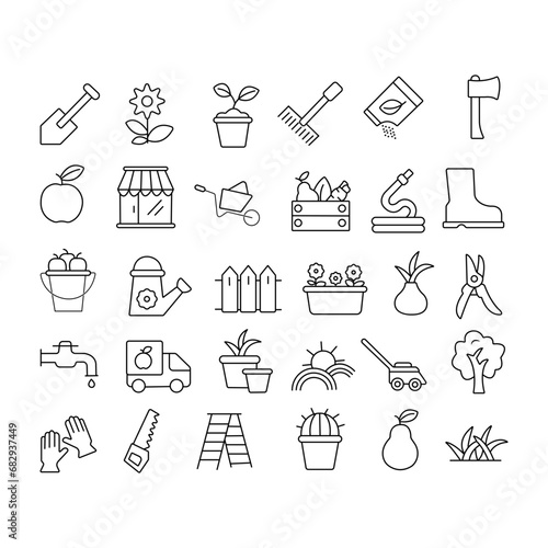Farming - line vector icon set. Pixel perfect. Editable stroke. The set includes a Farm, Farmer, Agricultural Field, Domestic Cattle, Cow, Pig, Lamb, Chicken, Bee, Windmill, Wheat, Corn, Cabbage, Gard