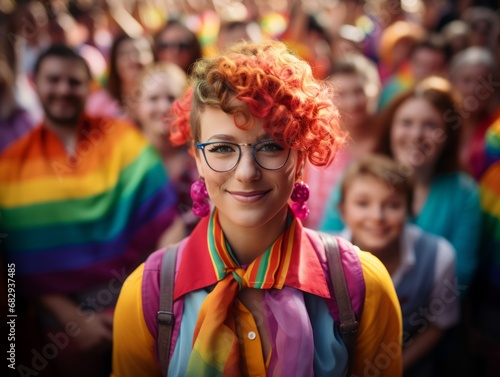 The Confident Red-Haired Transgender Woman Leading a Diverse Group of LGBTQI+ Individuals. A woman with red hair and glasses standing in front of a group of people