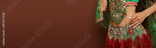 cropped view of belly of young indian woman in traditional costume on brown background, banner