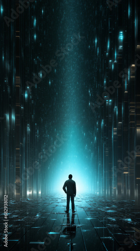 Man in futuristic room, space-themed interior, cybersecurity, wallpaper © Isabel