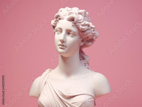 Antique Statue of a Woman goddess in profile. Greek Ancient Sculpture of female head with pink pastel background. Minimalistic modern trendy y2k style.