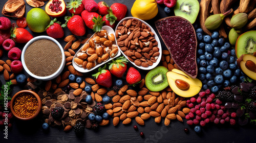 Selection of healthy food. Super foods, various fruits and assorted berries, nuts and seeds.