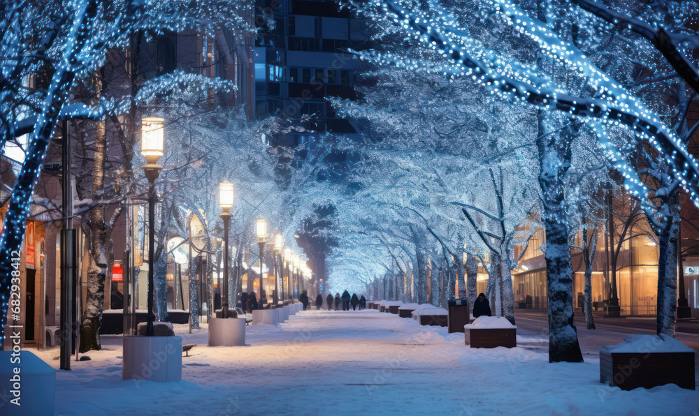 Streets Aglow with Illumination and New Year Decorations - A Festive Urban Wonderland.
