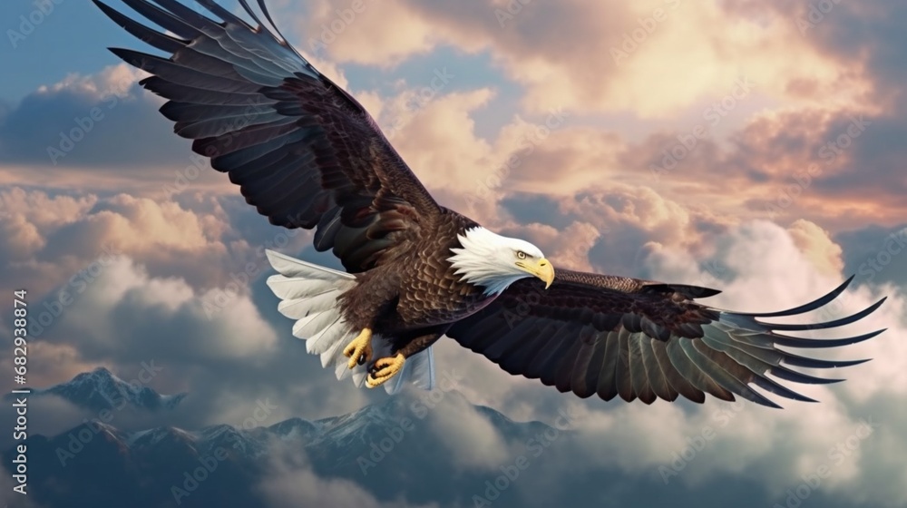 Naklejka premium Eagle With American Flag Flying Over The Clouds.Generative AI