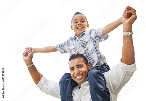 Happy Young Hispanic Boy Having Fun Piggyback On His Dads Shoulders Isolated on White.