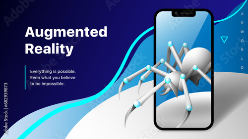 Augmented reality 3d vector illustration concept. A big white mechanic spider  come to the real world from a virtual mobile application