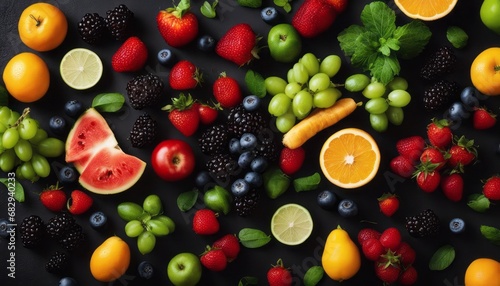 Fresh fruits, vegetables and berries. On a black background. Banner Top view © Adi