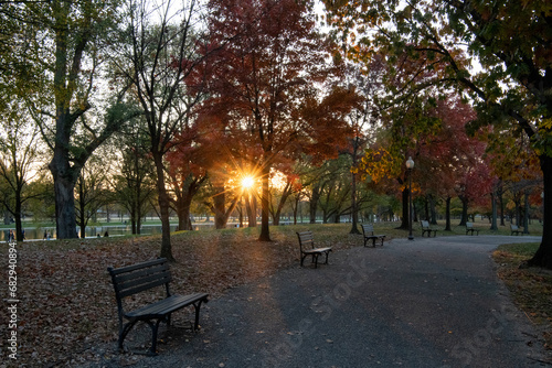 Beautiful walking path with empty benches in the Constitution garden in Washington DC with splendid Fall colors amidst a setting sun giving out a bright flare © Khaleel