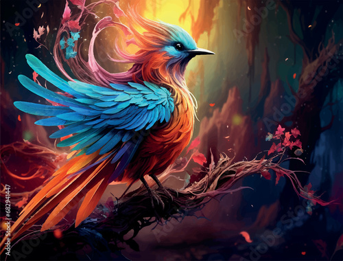 magical bird with a long tail  bright colors Illustration