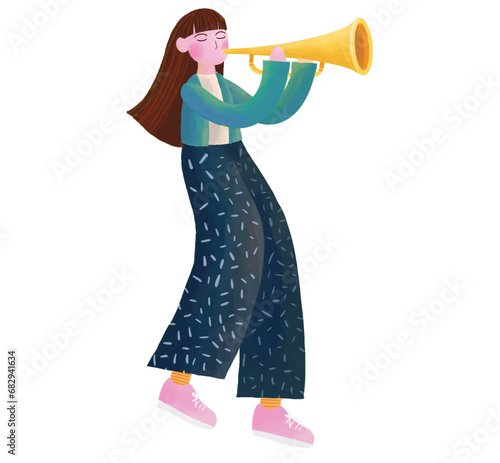 woman with trumpet vector illustration. Marching band. 