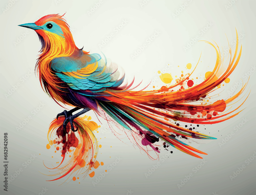 magical bird with a long tail, bright colors Illustration
