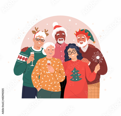 Christmas Seniors. Vector illustration of diverse elderly people in Christmas outfits standing together with wine glasses and Bengal lights. Isolated on background 