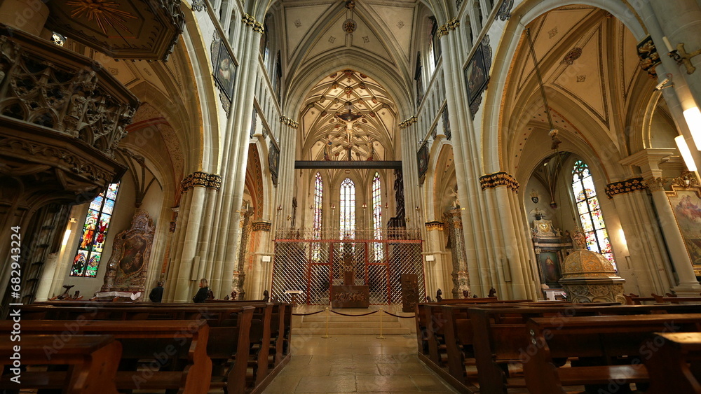 Fribourg, Switzerland Circa March 2022 - Centuries of Worship, The Inner Beauty of Saint Nicholas Cathedral, a Pillar of Catholicism