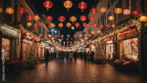 New Year's street is decorated with garlands